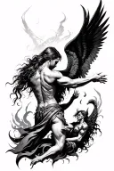 modern style back tattoo that represents the struggle between good and evil, something like angels and demons fighting tattoo design idea