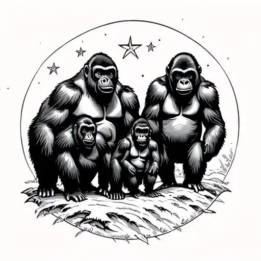 family of 4 gorillas. moon and stars in back ground. woodcut style tattoo design idea