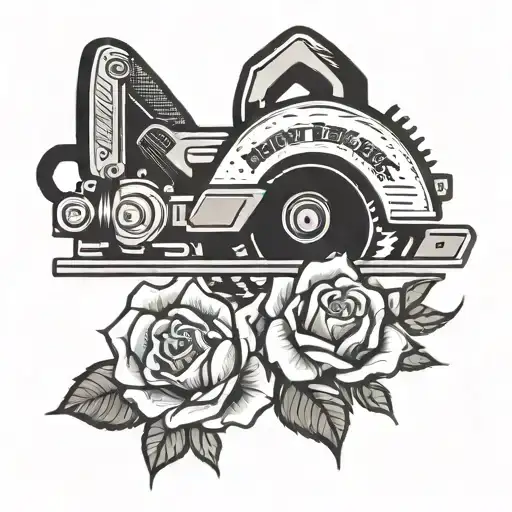 circular saw with roses blooming tattoo design idea