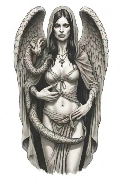 lilith standing in a cloak holding a snake tattoo design idea