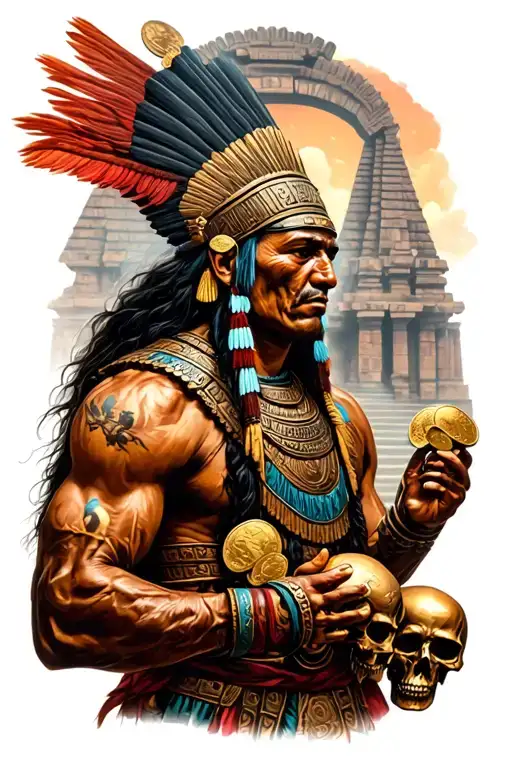 Ancient Mayan warrior holding ancient coins, skulls around him and the Mayan ancient temple on the backround tattoo design idea