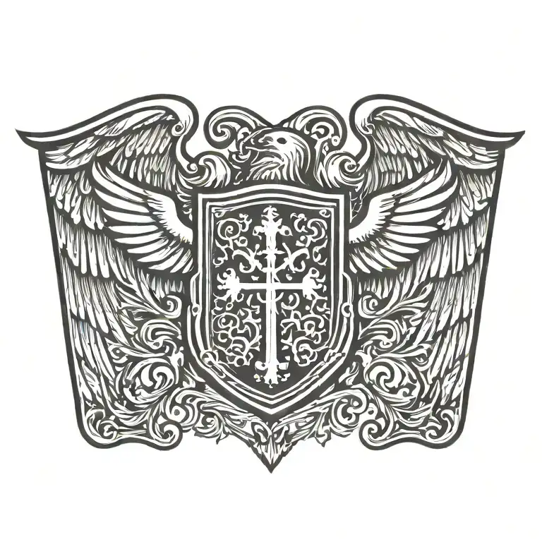 Coat of arms with pair wing of dove and cross in the shield, helm templar tattoo design idea