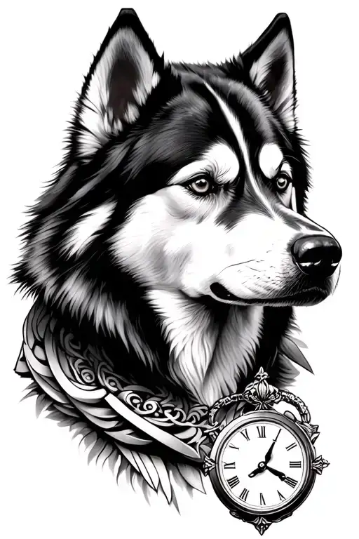 siberian husky dog and greek god and a clock tattoo design idea