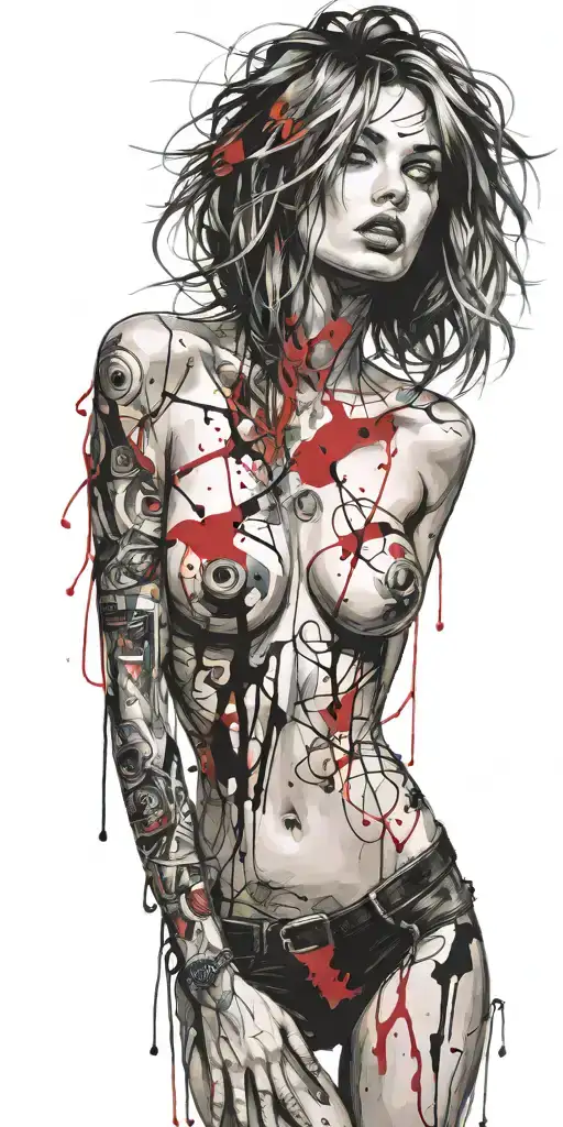 darkly alluring full nude blue eyed  girl rocking out tattoo design idea