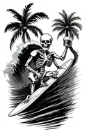 skeleton surfing a wave with a beer in his hand and palm trees  tattoo design idea