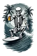 skeleton surfing a wave with a beer in his hand and palm trees  tattoo design idea