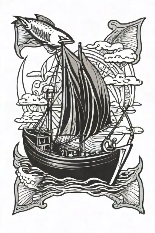 fly fishing boat tattoo design idea