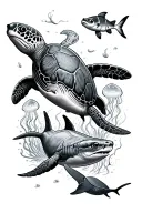 top view of sea turtle, whale, hammer head shark, jelly fish, clown fish, and manta ray in a river  tattoo design idea