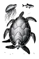 top view of sea turtle, whale, hammer head shark, jelly fish, clown fish, and manta ray in a river  tattoo design idea