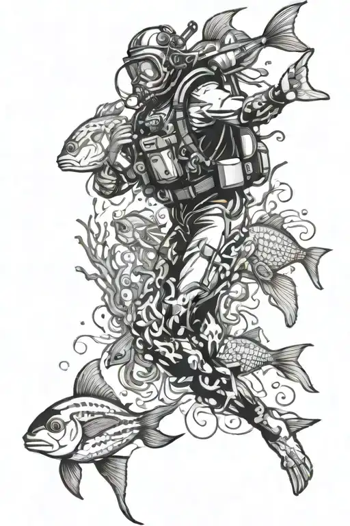 Scuba dive with sea creatures swimming gracefully moving tattoo design idea