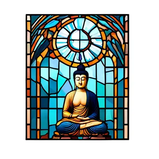 stained glass window cathedral stained glass with Buddha with partially broken tattoo design idea