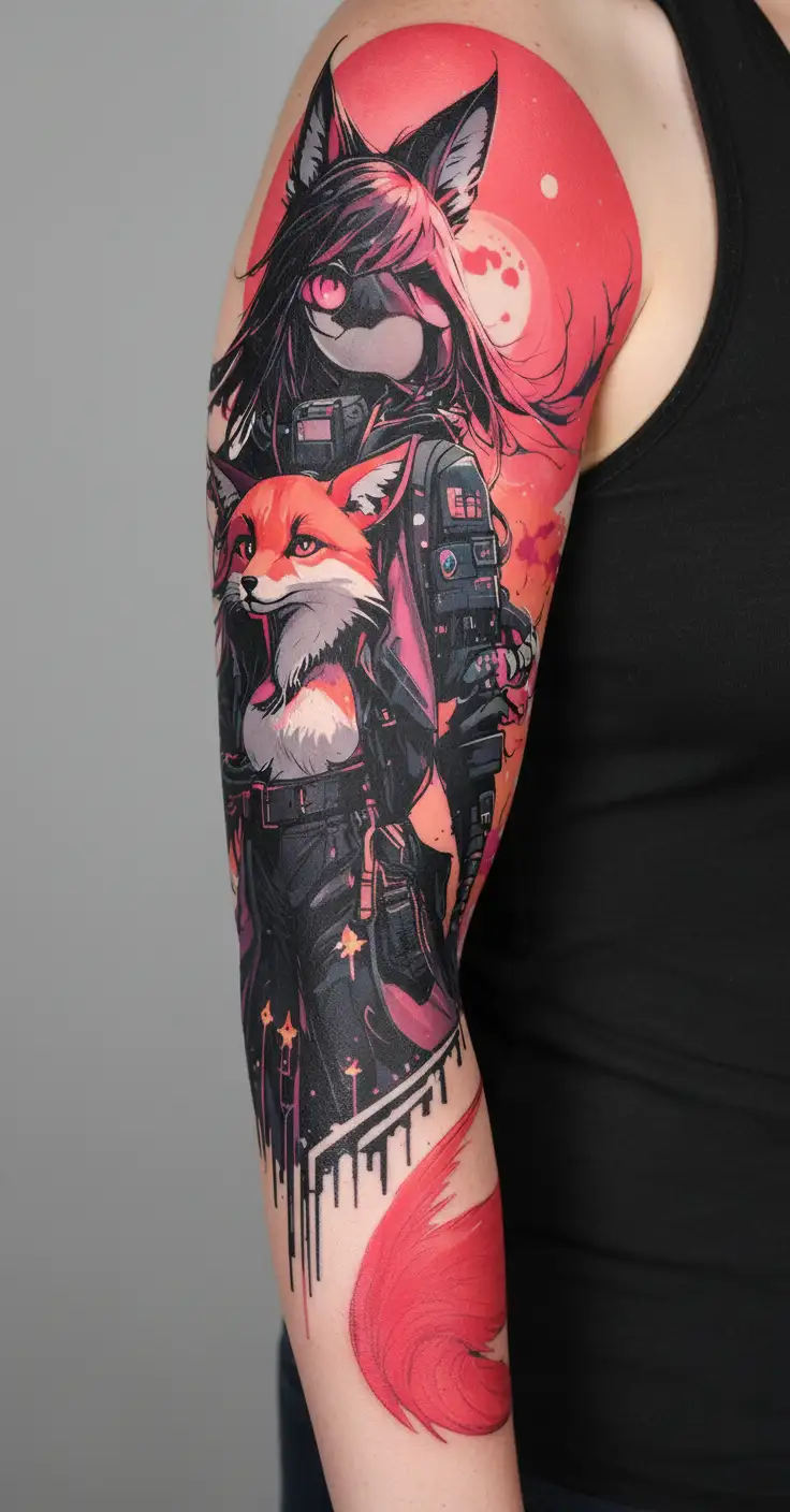 cyberpunk edgerunners, lucy, freedom, moon, courage, fox tattoo design idea