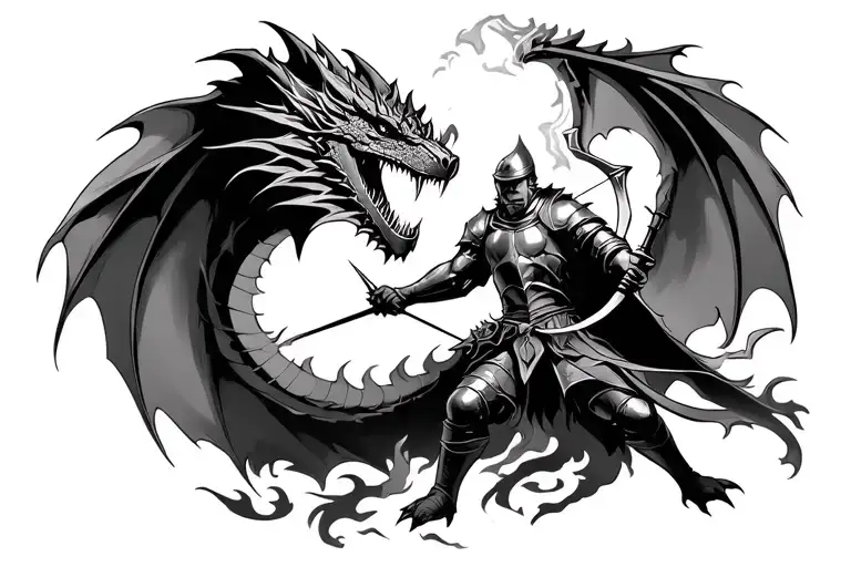 mage archer and knight fight dragon breathing fire tattoo design idea