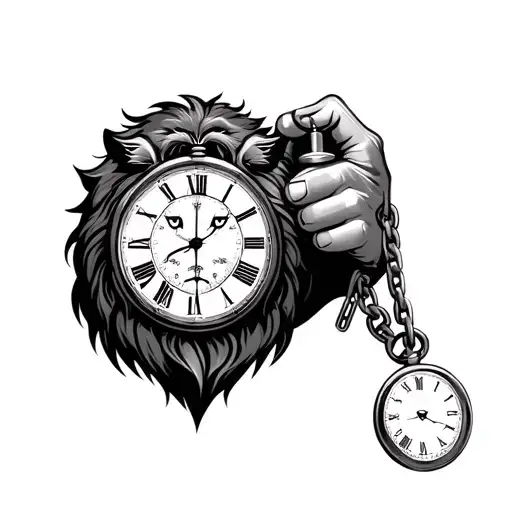 lion grasping onto the chain of a pocket watch lifelike tattoo design idea