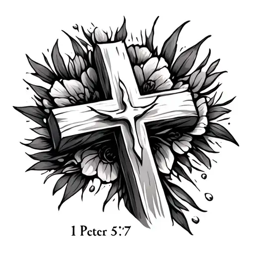 cross tattoo w 1 Peter 5:7 tattoo design idea