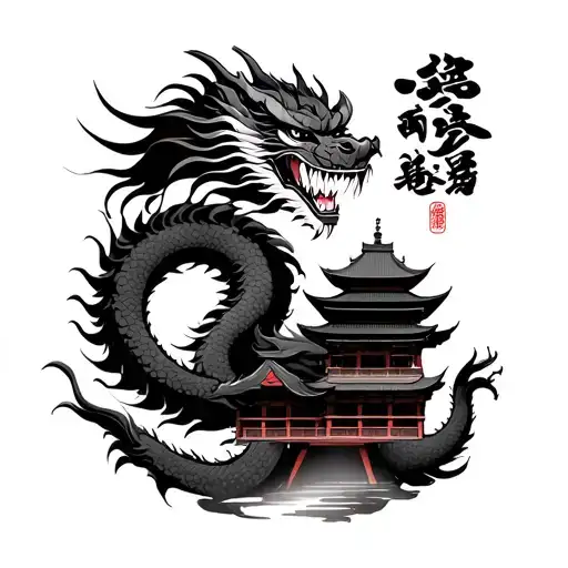 Japanese dragon with oni mask and Shinto temple surrounded tattoo design idea