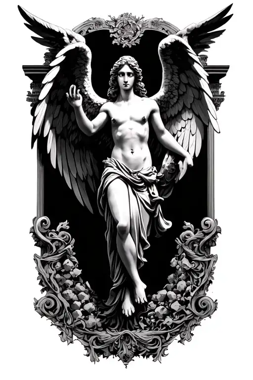 Angel Icaro in free fall with Roman ornaments and columns remains tattoo design idea