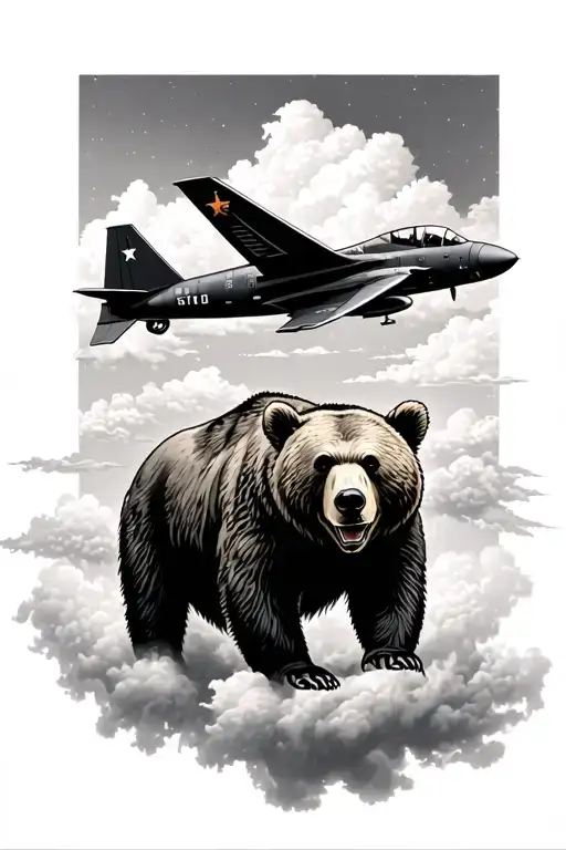 a bear in a forest, cloudy sky, fighter plane flying out of cloud  tattoo design idea