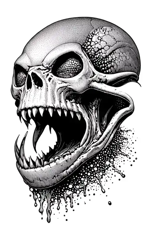 Alien Romulis elongated skull with an open mouth with large fangs in saliva tattoo design idea
