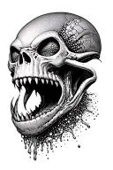 Alien Romulis elongated skull with an open mouth with large fangs in saliva tattoo design idea