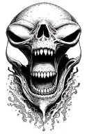 Alien Romulis elongated skull with an open mouth with large fangs in saliva tattoo design idea