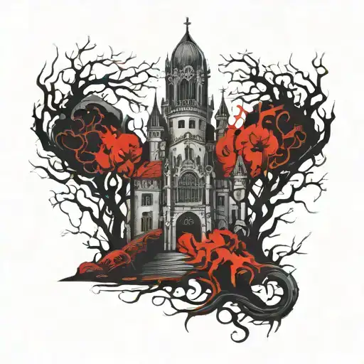 haotic gothic big castle cathedral hell curved distorted castle with blood with  roots and eoroghlips stair roots blood tattoo design idea