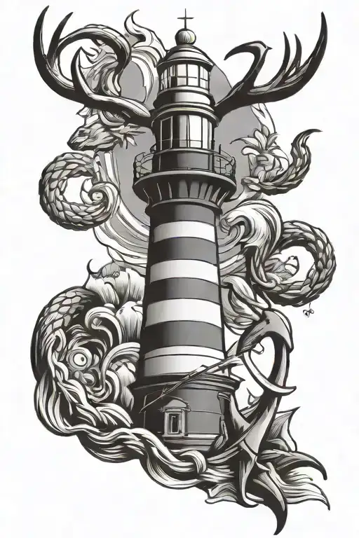 lighthouse background with an anchor underneath. a stag head in front of lighthouse  tattoo design idea