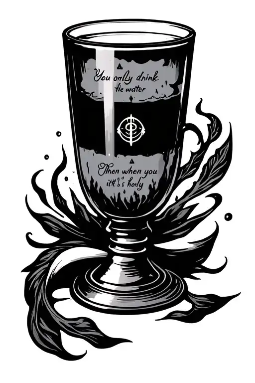 a simpchalice with the words "You only drink the water when you think it's holy" and the sleep token logo in the middle  tattoo design idea