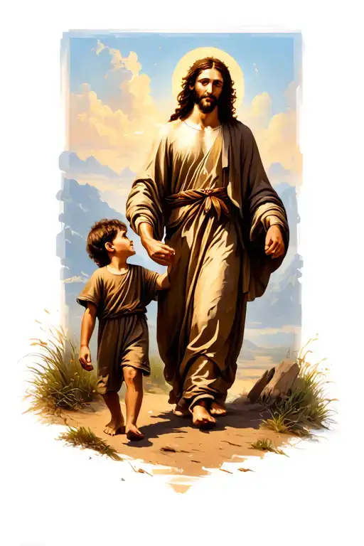 Jesus walking beside a little boy with curly hair holding hands tattoo design idea
