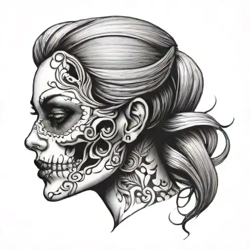 half skull half woman face tattoo design idea
