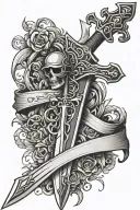 Sword in Cross with simple  banner wrapped tattoo design idea