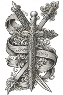 Sword in Cross with simple  banner wrapped tattoo design idea