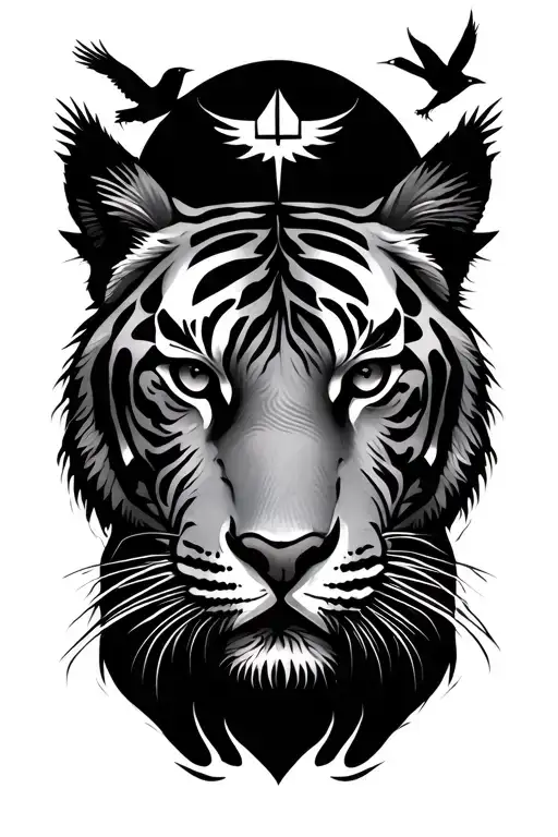 A symbolic tattoo design representing the connection between history, travel, Greek mythology, a tiger, birds, and the sea, in a black-grey style tattoo design idea