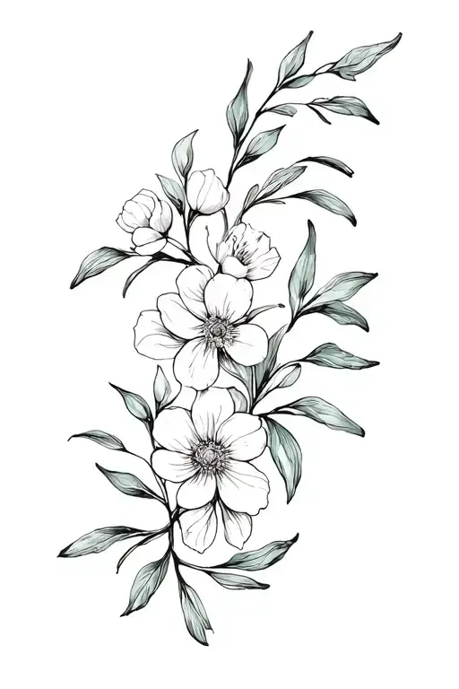 70x7 with olive branches and light airy flowers vertically tattoo design idea