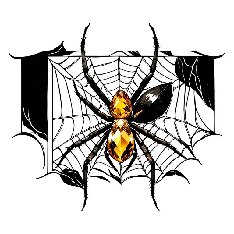 Tree knook with a velvet spider from the front sitting inside teh knook surrounded by spider webs protect a golden topaz tattoo design idea