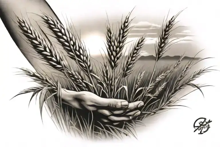 Sunny day hand wheat field wind blowing tattoo design idea