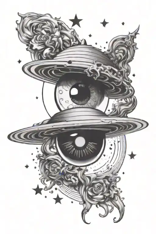 Giant full Saturn with a woman's eye with beautiful eyelashes in front and stars around it tattoo design idea