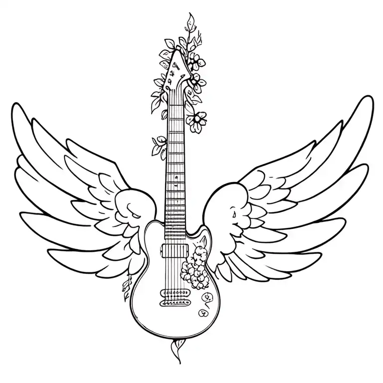 angel wing half with candy, berries, flowers, other half rock N roll, metal music, skull, guitar  tattoo design idea