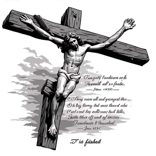 Jesus on the cross with an empty tomb- and bible verse John 19:30 "It is finished" and Bible verse proverbs 4:23  tattoo design idea