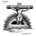Jesus on the cross with an empty tomb- and bible verse John 19:30 "It is finished" and Bible verse proverbs 4:23  tattoo design idea