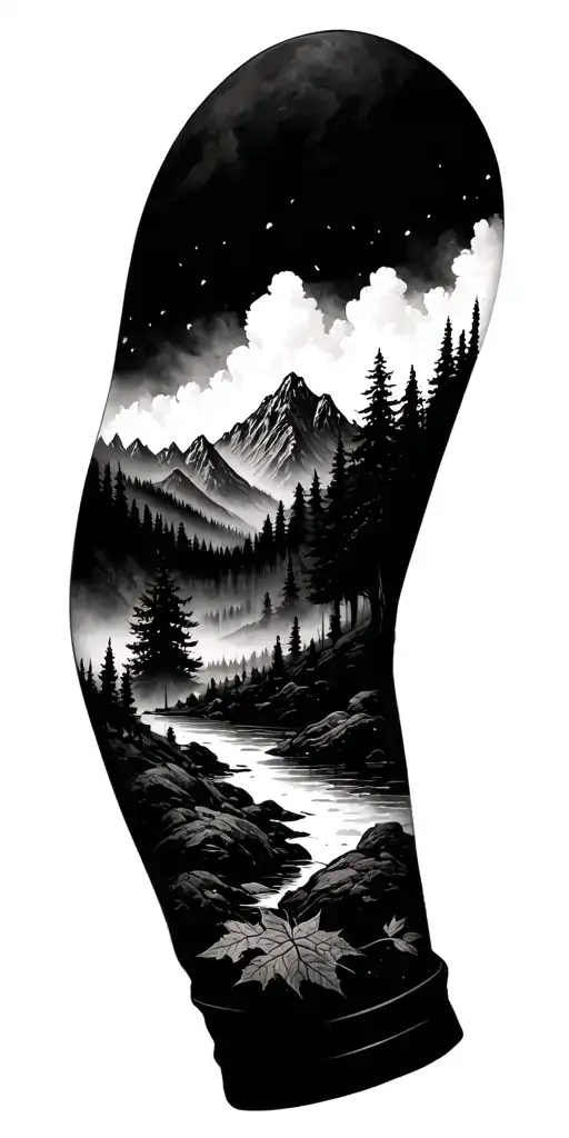 Expansive arm tattoo of misty mountains, desolate woods with fallen leaves  tattoo design idea