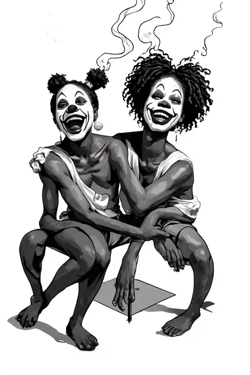 2 black people with clown make up laughing and smoking weed tattoo design idea