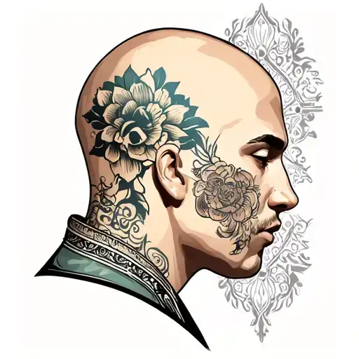 bald head profile holding tattoo design idea