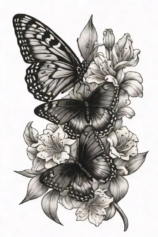 Hawthorn and gladiolus flower with 3D  butterfly  tattoo design idea