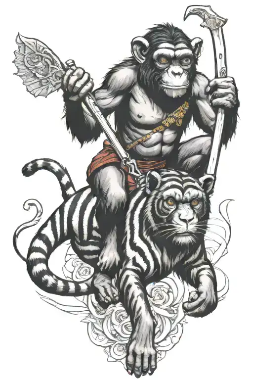 chimpanze riding on a bengal tiger holding a cross shaped knife tattoo design idea