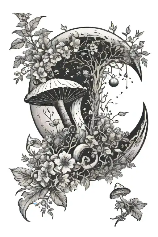waxing crescent moon with botanical plants and mushrooms tattoo design idea