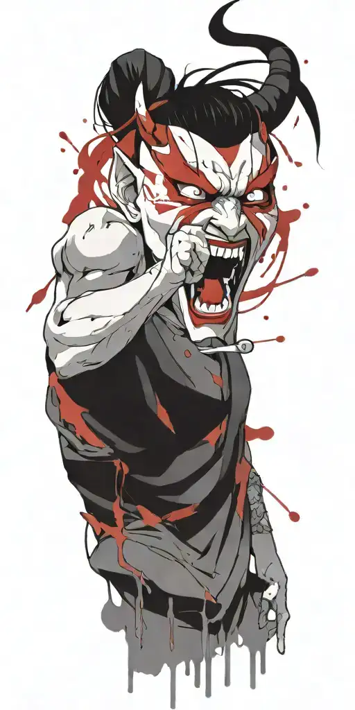 Anime character standing screaming wearing oni mask fighting off inner demons in hell tattoo design idea