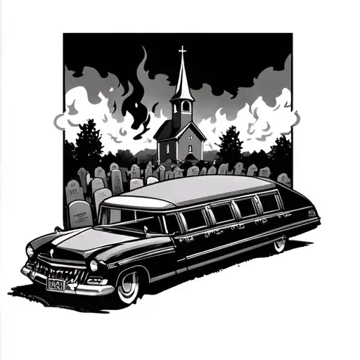 hearse in foreground of graveyard with burning church in background tattoo design idea