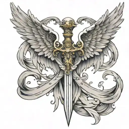 sword with angel wings spread wide tattoo design idea