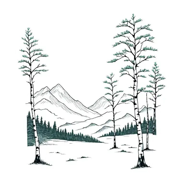 birch trees with mountains in the background tattoo design idea